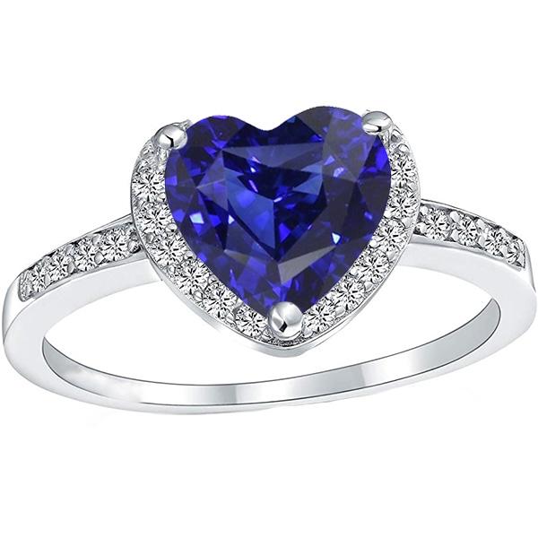 Anniversary Halo Ring Heart Deep Blue Sapphire 3.50 Carats Diamonds - Gemstone Ring-harrychadent.ca