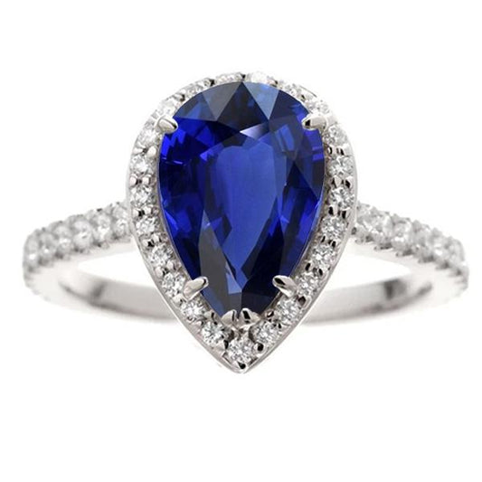 Anniversary Halo Ring Pear Cut Ceylon Sapphire & Diamonds 4.50 Carats - Gemstone Ring-harrychadent.ca