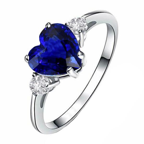 Anniversary Three Stone Heart Blue Sapphire & Diamond Ring 2.75 Carats - Gemstone Ring-harrychadent.ca