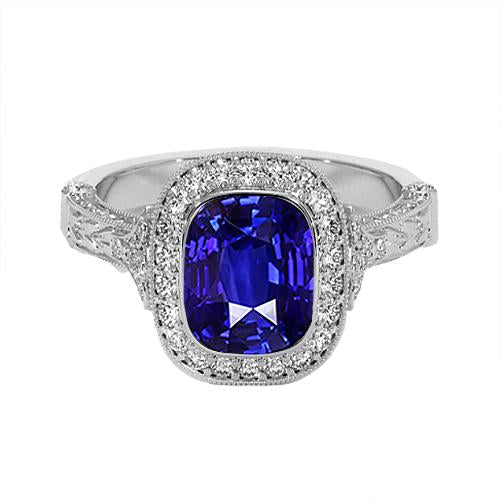 Antique Style Diamond Ring Bezel Set Cushion Ceylon Sapphire 8 Carats - Gemstone Ring-harrychadent.ca