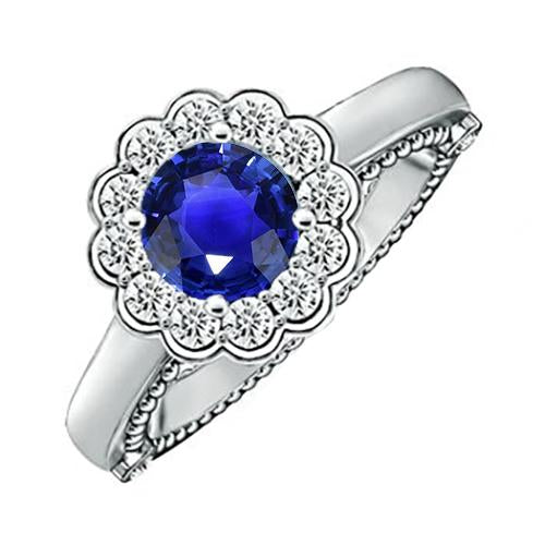 Antique Style Diamond Ring Halo Flower Style Blue Sapphire 2.50 Carats - Gemstone Ring-harrychadent.ca