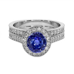 Antique Style Natural Earth Mined Diamond Ring Set 6 Carats Round Blue Sapphire White Gold