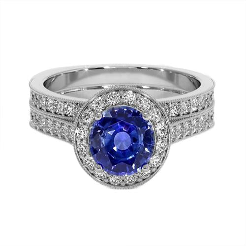 Antique Style Diamond Ring Set 6 Carats Round Blue Sapphire White Gold - Gemstone Ring-harrychadent.ca