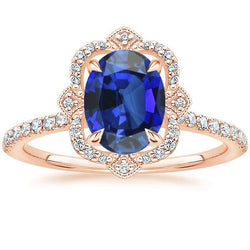 Antique Style Halo Natural Earth Mined Diamond Ring Flower Style Blue Sapphire 6.20 Carats