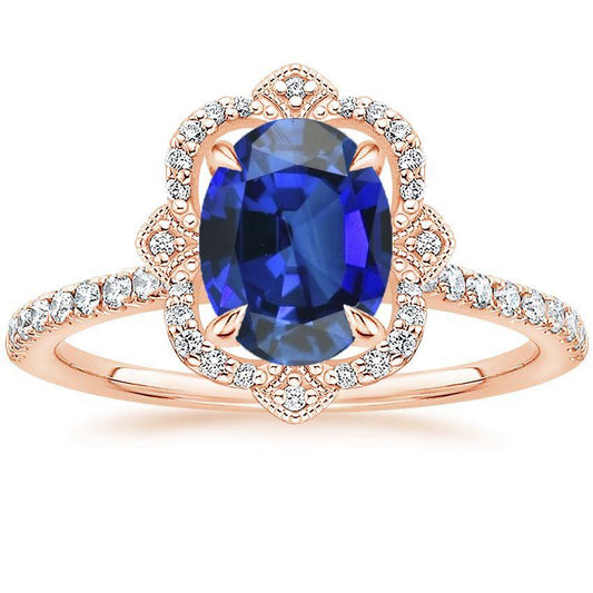 Antique Style Halo Diamond Ring Flower Style Blue Sapphire 6.20 Carats - Gemstone Ring-harrychadent.ca