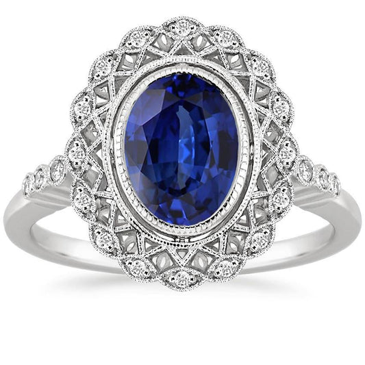 Antique Style Halo Ring Bezel Set Blue Sapphire With Diamonds 4 Carats - Gemstone Ring-harrychadent.ca