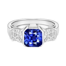 Asscher Natural Earth Mined Diamond 3 Stone Ring 3 Carats Sri Lankan Sapphire Gold Jewelry