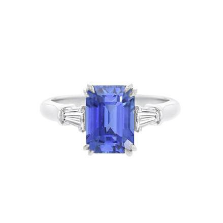 Baguette Diamond 3 Stone Emerald Cut Blue Sapphire Ring 2.25 Carats - Gemstone Ring-harrychadent.ca