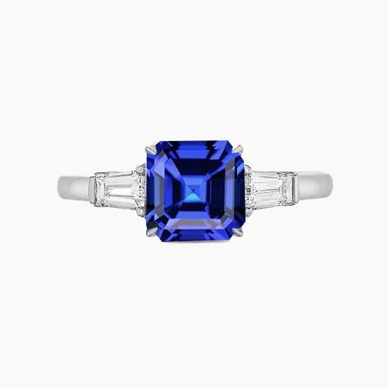 Baguette Diamond 3 Stone Ring Asscher Cut Blue Sapphire 2.50 Carats - Gemstone Ring-harrychadent.ca