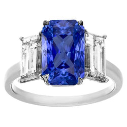 Baguette Natural Earth Mined Diamond 3 Stone Ring Radiant Deep Blue Sapphire 3.50 Carats