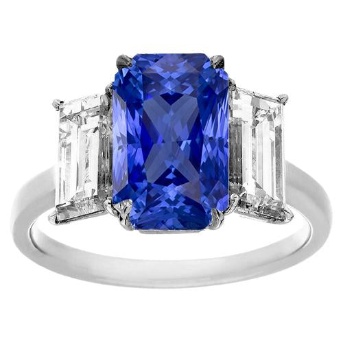 Baguette Diamond 3 Stone Ring Radiant Deep Blue Sapphire 3.50 Carats - Gemstone Ring-harrychadent.ca