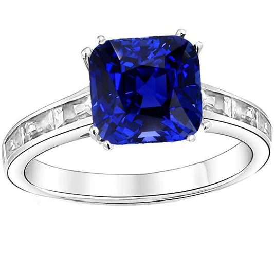 Baguette Diamond Cushion Blue Sapphire Ring 4 Carats Gold 14K Jewelry - Gemstone Ring-harrychadent.ca