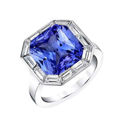 Baguette Diamond Halo Radiant Blue Sapphire Ring 3.50 Carats 14K Gold - Gemstone Ring-harrychadent.ca