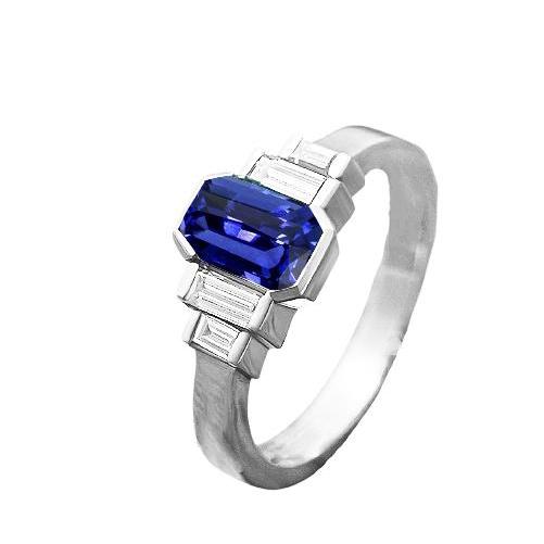 Baguette Diamond & Radiant Cut Blue Sapphire Ring Bar Set 2 Carats - Gemstone Ring-harrychadent.ca