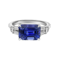 Baguette & Round Natural Earth Mined Diamond Ceylon Sapphire Ring Emerald Cut 2.50 Carats