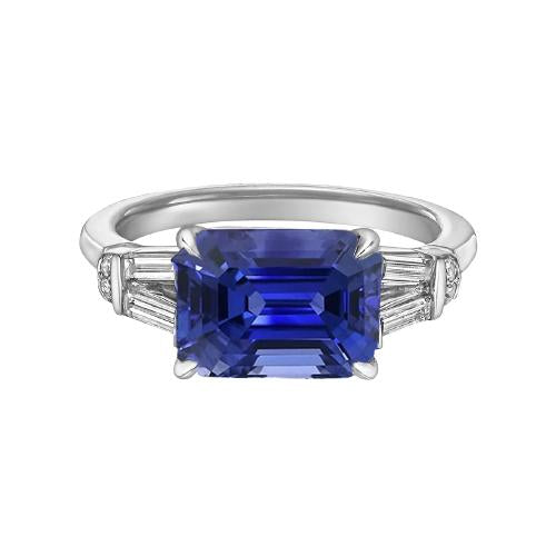 Baguette & Round Diamond Ceylon Sapphire Ring Emerald Cut 2.50 Carats - Gemstone Ring-harrychadent.ca