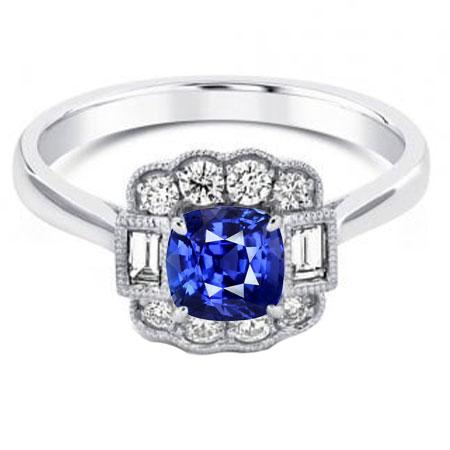 Baguette & Round Diamond Halo Cushion Sapphire Ring 2.50 Carats Prongs - Gemstone Ring-harrychadent.ca