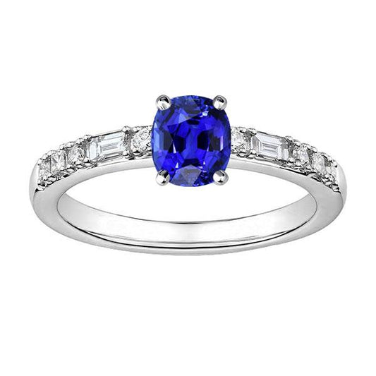 Baguette & Round Diamond Ring Cushion Ceylon Sapphire 2.50 Carats - Gemstone Ring-harrychadent.ca