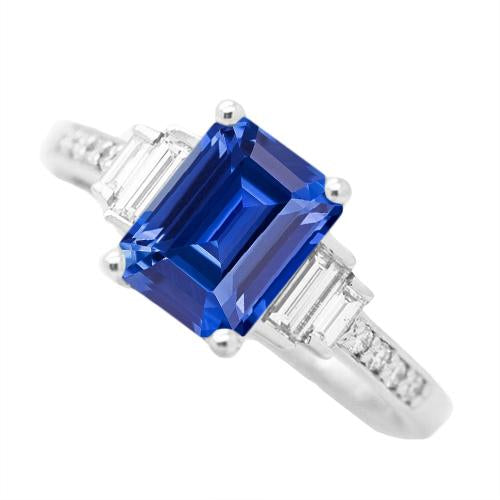 Baguette & Round Diamond Ring Emerald Blue Sapphire 3.50 Carats - Gemstone Ring-harrychadent.ca