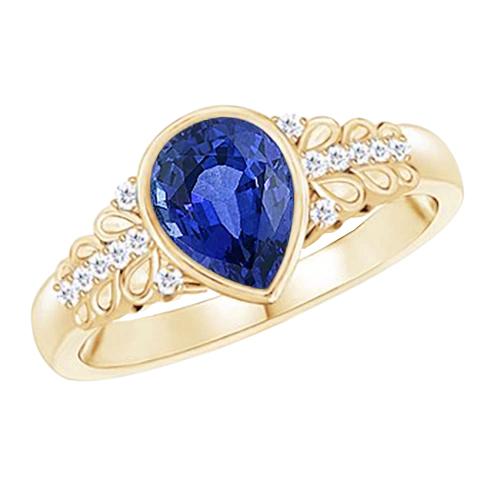 Bezel Set Pear Ceylon Sapphire & Diamond Ring Yellow Gold 4.75 Carats - Gemstone Ring-harrychadent.ca