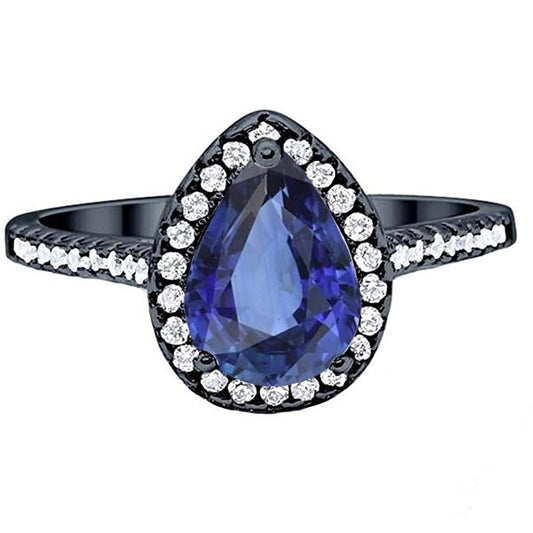 Black Gold Halo Pear Shaped Ring Blue Sapphire & Diamonds 4 Carats - Gemstone Ring-harrychadent.ca