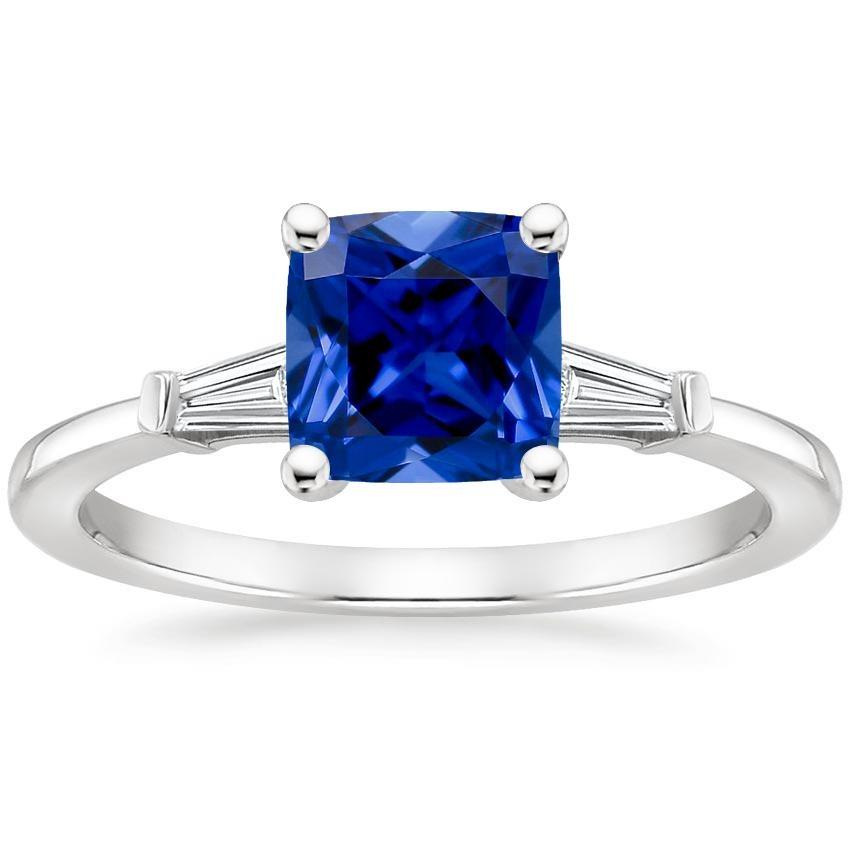 Blue Cushion Sapphire & Baguette Diamonds 3 Stone Ring 2.75 Carats New - Gemstone Ring-harrychadent.ca
