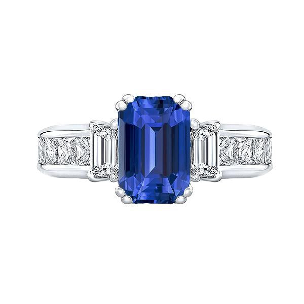 Blue Sapphire 3 Stone Emerald Cut Ring & Princess Diamonds 4 Carats - Gemstone Ring-harrychadent.ca