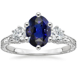 Blue Sapphire 3 Stone Ring & Natural Earth Mined Diamonds 2.50 Carats Antique Style