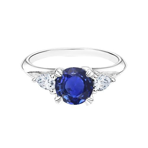 Blue Sapphire 3 Stone Round Sapphire Ring 1.50 Carats Pear Diamonds - Gemstone Ring-harrychadent.ca