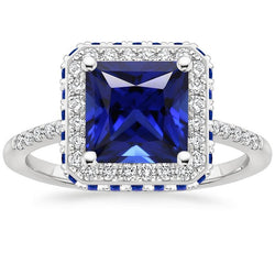 Blue Sapphire and Natural Earth Mined Diamond Halo Ring 5.5 Carat Princess with Accent