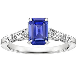Blue Sapphire & Natural Earth Mined Diamond 3 Stones Ring 3.25 Carats Emerald Cut