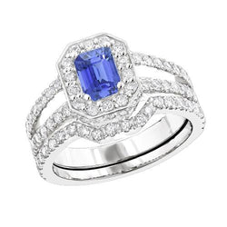 Blue Sapphire Diamond Engagement Ring Set 3.50 Carats Pave Set Jewelry