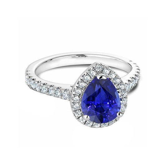 Blue Sapphire & Diamond Halo Pear Cut Ring 3.50 Carats White Gold - Gemstone Ring-harrychadent.ca