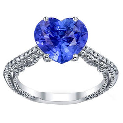 Blue Sapphire Natural Earth Mined Diamond Ring 3 Carats Pave Set Accents Gold 14K Milgrain