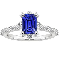 Blue Sapphire & Natural Earth Mined Diamond Ring 4.25 Carat Emerald Solitaire With Accents