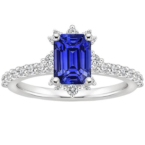 Blue Sapphire & Diamond Ring 4.25 Carat Emerald Solitaire With Accents - Gemstone Ring-harrychadent.ca