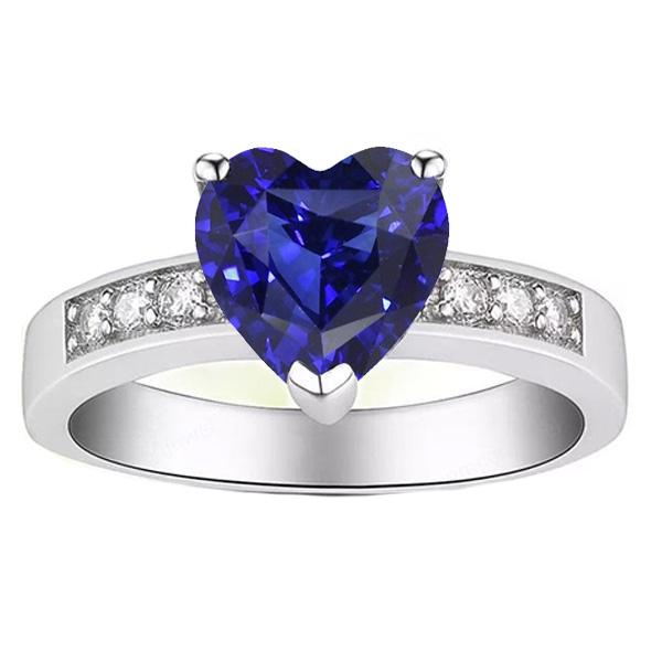 Blue Sapphire Diamond Ring Heart Cut Gemstone Gold 14K 2.50 Carats - Gemstone Ring-harrychadent.ca