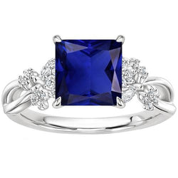 Blue Sapphire & Natural Earth Mined Diamond Ring Princess Round & Marquise Cut 4 Carats