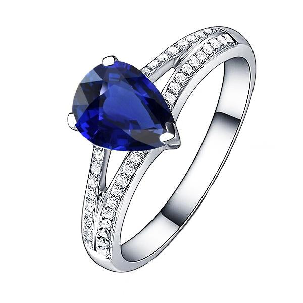 Blue Sapphire Diamond Ring Split Shank 3 Carats White Gold 14K - Gemstone Ring-harrychadent.ca