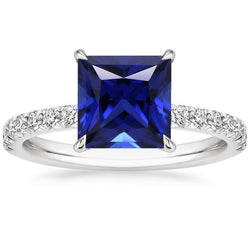 Blue Sapphire & Natural Earth Mined Diamond Solitaire Accents Ring 5.50 Carat Princess Cut
