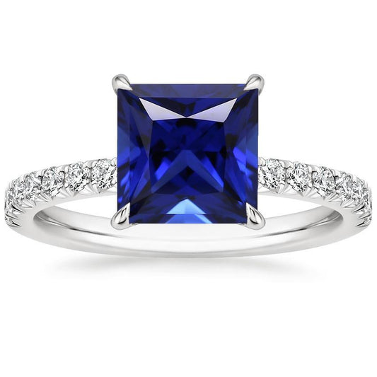Blue Sapphire & Diamond Solitaire Accents Ring 5.50 Carat Princess Cut - Gemstone Ring-harrychadent.ca