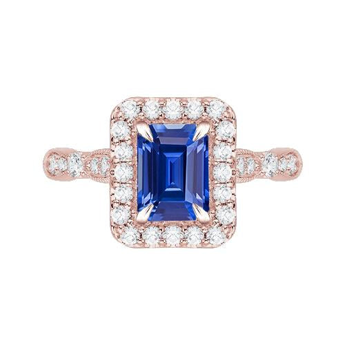 Blue Sapphire Engagement Ring 3 Carats Emerald Cut Rose Gold Milgrain - Gemstone Ring-harrychadent.ca