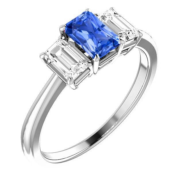 Blue Sapphire Engagement Ring 3 Stone 2 Carats Emerald Cut Diamonds - Gemstone Ring-harrychadent.ca