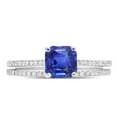 Blue Sapphire Engagement Ring Set Asscher Cut White Gold 14K 3 Carats - Gemstone Ring-harrychadent.ca