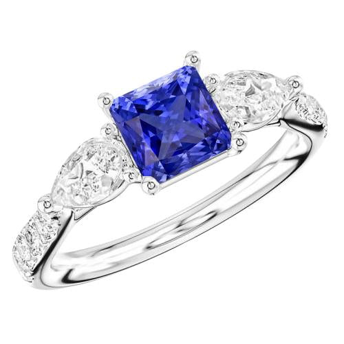 Blue Sapphire Gemstone Radiant Cut Ring Pear & Round Diamonds 3 Carats - Gemstone Ring-harrychadent.ca