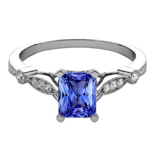 Blue Sapphire Gemstone Radiant Shaped Ring Milgrain Shank 2.50 Carats - Gemstone Ring-harrychadent.ca