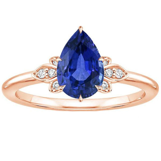 Blue Sapphire Gemstone Ring Pear & Round Diamond Floral Style 3 Carats - Gemstone Ring-harrychadent.ca