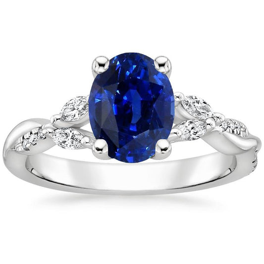 Blue Sapphire Gemstone Ring With Marquise & Round Accents 4.50 Carats - Gemstone Ring-harrychadent.ca