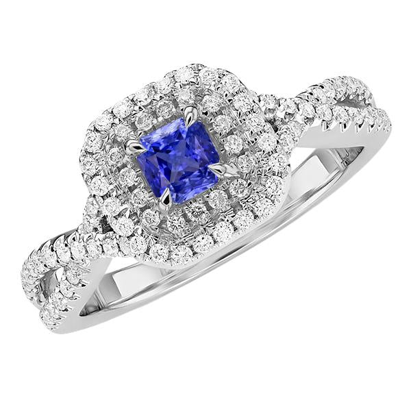 Blue Sapphire Halo Diamond Radiant Shape Ring Twisted Shank 3.50 Carat - Gemstone Ring-harrychadent.ca