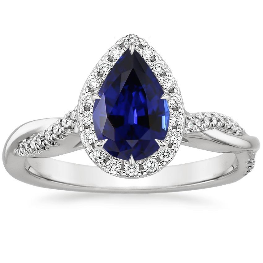 Blue Sapphire Halo Diamond Ring Prongs Pear Cut Stone 7.25 Carats Gold - Gemstone Ring-harrychadent.ca